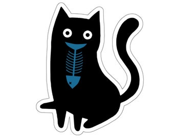 Sticker zwarte kat, sticker zwarte kat eet visgraat, kattenliefhebber, grappige Kiss-Cut-stickers op laptop, flessen van alles wat je maar wilt plakken