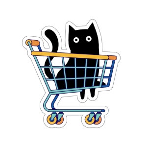 Sticker zwarte kat, schattige zwarte kat in winkelwagen sticker voor waterfles, laptop, auto, motor, helm Kiss-Cut Stickers