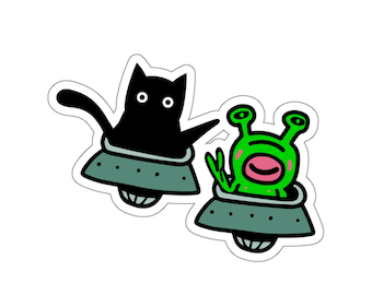 Black cat sticker, blact cat with alien sticker, ufo sticker, ufo alien lover, cat dad gift, cat mom gift. laptop sticker, journal sticker