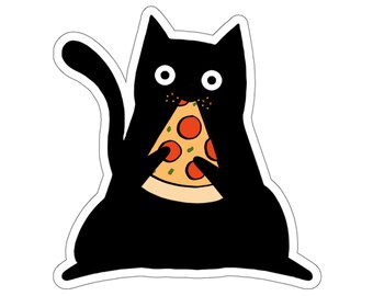 ピザを食べる黒猫のステッカー、装飾用猫ステッカー、ノートパソコン用ステッカー、猫好きの方へのステッカー、ボーイフレンドやガールフレンドへのプレゼント、猫へのプレゼント