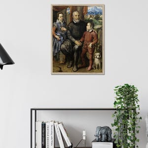 May include: A framed oil painting print depicting a family portrait with a man, a woman, and a child standing together. The figures are dressed in dark, period-style clothing. A small dog sits near the child. The background features a landscape.