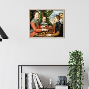 May include: A framed wall art print depicting a Renaissance-style painting of three figures playing a board game. The scene features individuals in period clothing, including red and dark blue garments, gathered around a wooden game board.