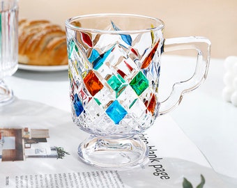 Relief Glass Coffee Goblet with Handle - Hand-Painted Rainbow or Gold-Trimmed, Lead-Free Crystal, 325m