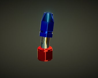 May include: A blue and red metal fitting with a curved hose. The fitting has a hexagonal shape and a smooth, shiny surface.