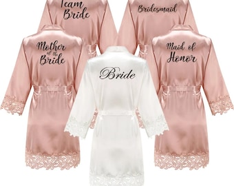 Rose Gold Customized Bridesmaid Robes, Bridesmaid Pajamas, Personalized Bridal Robe, Silk Bride Robe, Long Bridal Robe, Lace Bridal Robe Set