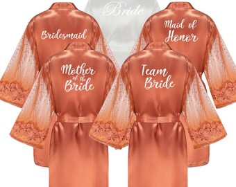 Custom Caramel Satin Bridesmaid Robes, Lace Trim Bridal Party Wedding Kimono, Bridesmaid Pajamas, Maid of Honor, Wedding Bridal Robes, Satin