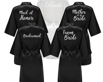 Custom Black Satin Bridesmaid Robes, Lace Trim Bridal Party Wedding Kimono, Bridesmaid Pajamas, Maid of Honor, Wedding Bridal Robes, Satin