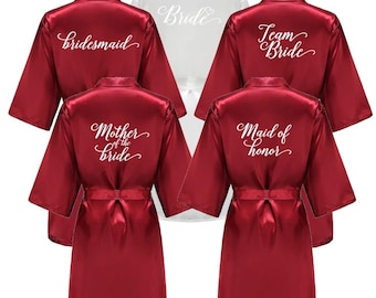 Custom Burgundy Red Satin Bridesmaid Robes, Lace Trim Bridal Party Wedding Kimono, Bridesmaid Pajamas, Maid of Honor, Wedding Bridal Robes