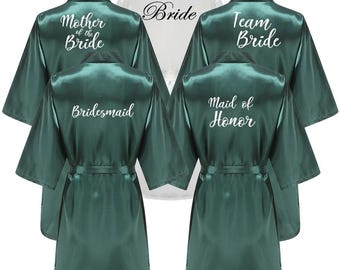 Emerald Green Satin Bridesmaid Robes, Lace Trim Bridal Party Wedding Kimono, Bridesmaid Pajamas, Maid of Honor, Wedding Bridal Robes, Linen