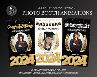 May include: Three graduation photo booth templates with black backgrounds and gold accents. The templates feature a photo frame, the text "Congratulations!" and the year "2024".