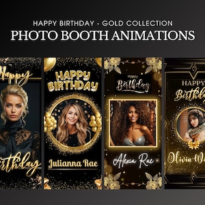 Puede incluir: Cuatro animaciones de cabina de fotos doradas con fondos negros. Cada animación presenta la cara de una mujer diferente en un marco circular con el texto "Happy Birthday" en letras doradas. Los nombres "Julianna Rae", "Alexia Rae" y "Olivia Wilson" están escritos debajo de los marcos.