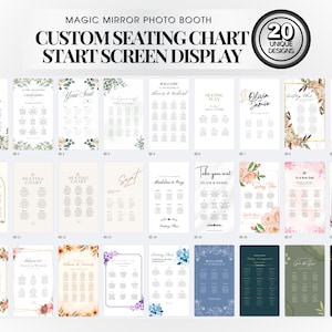 May include: A collection of 20 unique wedding seating chart designs for a magic mirror photo booth. Each chart features elegant floral or geometric borders, with names and table assignments. The text includes "Custom Seating Chart" and "Start Screen Display."