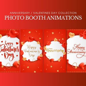 Op de afbeelding: Vier geanimeerde fotohokjes met rode en gouden harten en tekst die zegt "Happy Valentine's Day" en "Happy Anniversary".