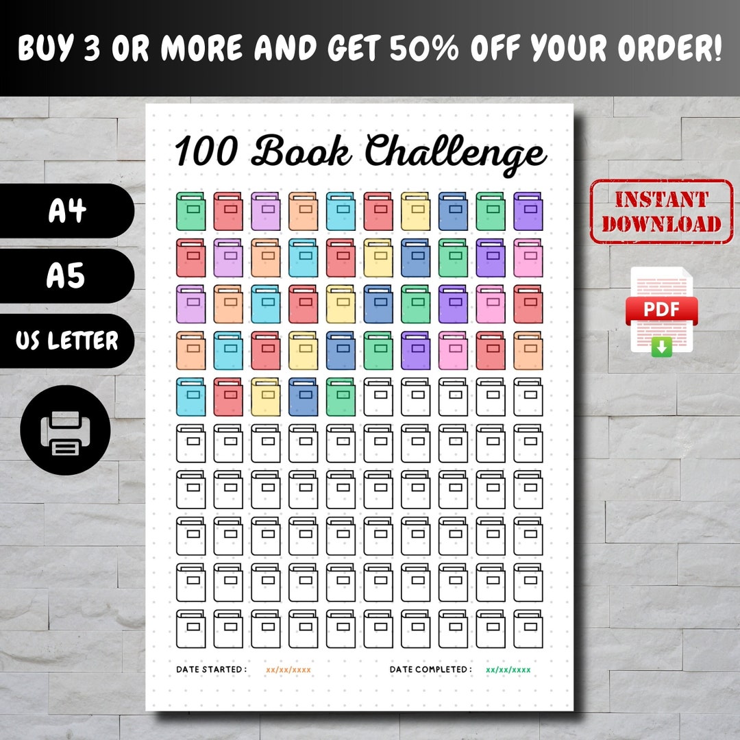 100 Book Reading Challenge, Printable Tracker, A5 Journal Page, Reading ...