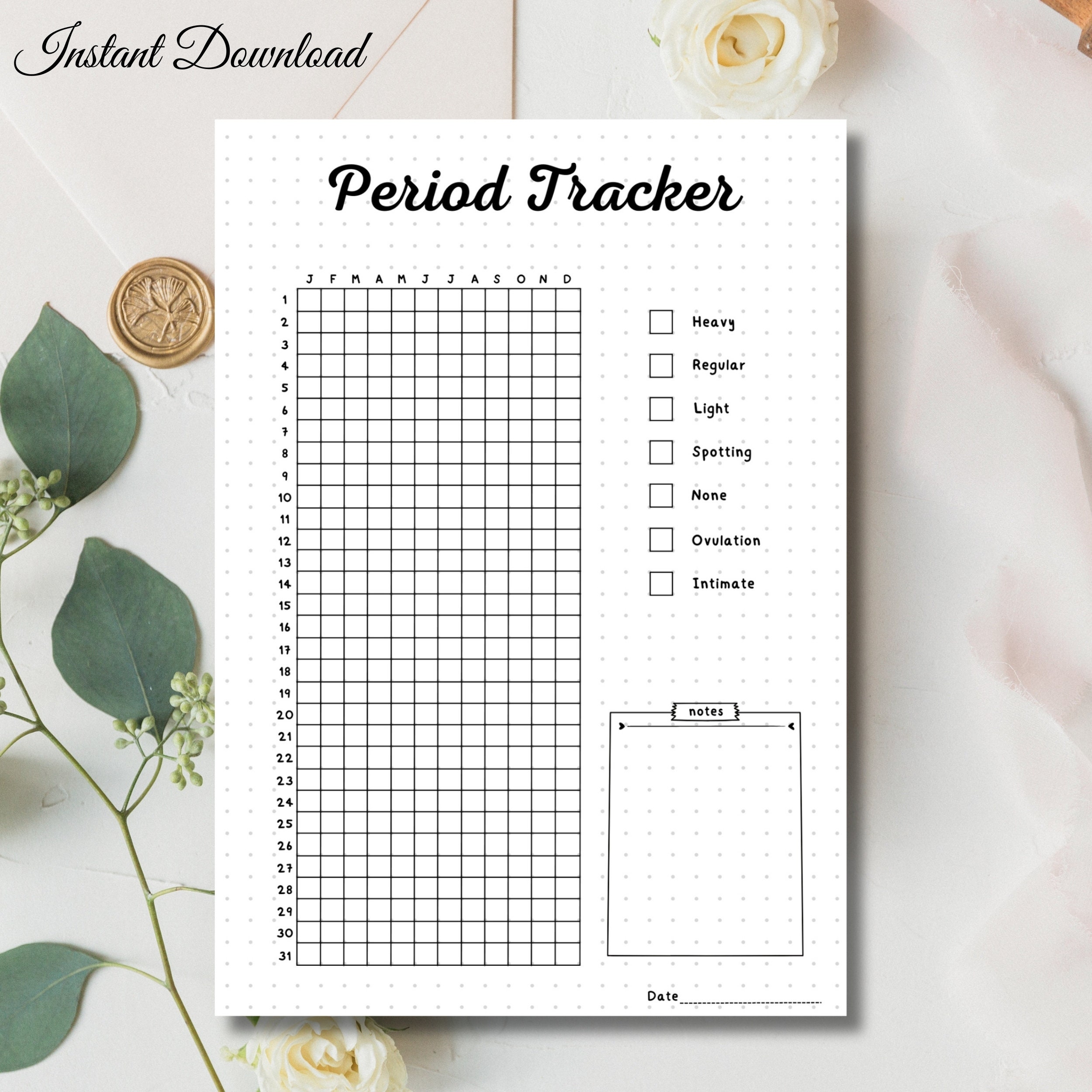 Yearly period tracker printable tracker bullet journal page a5