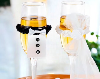 Champagne Glass Covers Set | Wedding Table Decoration | Elegant Wine Glass Wraps | Bridal Shower Party Decors | Bride & Groom Accessories