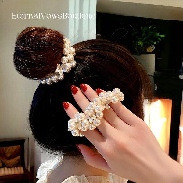 Pearl Hair Scrunchie | Flower Pearl Headdress | Perfect for Weddings, Events | Elegant Hair Tie | Ponytail | Women's Hair Accessories