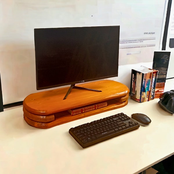 Handgefertigter Monitorständer aus Holz mit Ablage - Rustikaler Monitorständer aus Holz mit Aufbewahrung