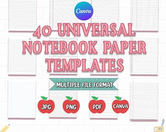 Pacchetto di 40 modelli di carta per quaderni universali / Modelli di carta per quaderni universali / JPG, PNG, PDF, modificabili con Canva / Per studenti e insegnanti
