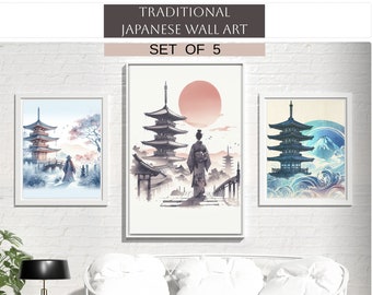 Traditional Japanese Wall Art Prints (Set of 5) | Japan Themed Wall Art | Kyoto Pagoda Inspired | Digital Download Only | Printable Wall Art