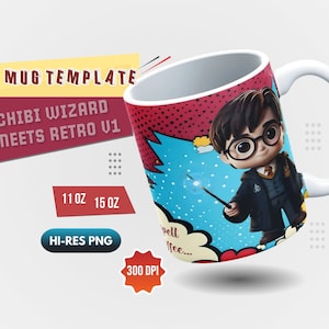Könnte beinhalten: Eine weiße Keramiktasse mit einem farbenfrohen Design, das einen Chibi-Zauberer in einem Retro-Comic-Stil zeigt. Die Tasse hat einen Henkel und sagt "Spell Coffee..." in einer Sprechblase. Die Tasse ist 11 oder 15 Unzen groß und in hochauflösendem PNG-Format verfügbar.