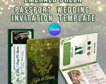 Canva Emerald Green Passport Wedding Invitation Template | Elegant Passport Wedding Invitation Template | Boarding Pass RSVP Ticket Included