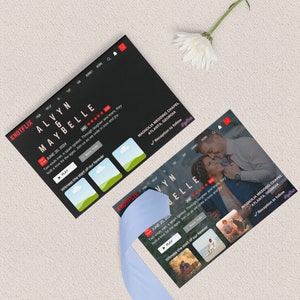 May include: A black and white wedding invitation with a Netflix-style design. The invitation features the couple's names, "Alvyn Maybelle", the date "June 20, 2024", and the location "Magnolia Wedding Chapel, Atlanta, Georgia". The invitation also includes a play button and the text "Witness the start of our forever".