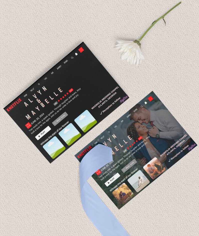 May include: A black and white wedding invitation with a Netflix-style design. The invitation features the couple's names, "Alvyn Maybelle", the date "June 20, 2024", and the location "Magnolia Wedding Chapel, Atlanta, Georgia". The invitation also includes a play button and the text "Witness the start of our forever".