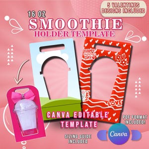 Canva Dome Cup 16oz Holder Editable Template | FREE Valentines Designs Included | Smoothie Holder Template | Valentines Dome Cup Template