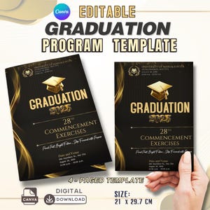 Könnte beinhalten: Editierbare Vorlage für ein Graduationsprogramm in Schwarz und Gold. Die Vorlage zeigt eine Graduationskappe, den Text "Graduation 2025" und die Worte "28th Commencement Exercises". Die Vorlage besteht aus 4 Seiten und misst 21 x 29,7 cm.