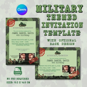 Modèle modifiable d'invitation de fête d'anniversaire sur le thème militaire Canva | Orientation portrait et paysage | Modèle d'invitation de soldat de l'armée pour enfants