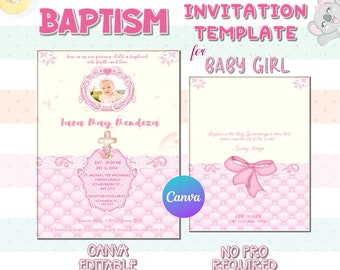 Canva Baptism Invitation Template for Baby Girl | Christening Invitation | 5x7" Double-Sided Invitation Template | No PRO Needed