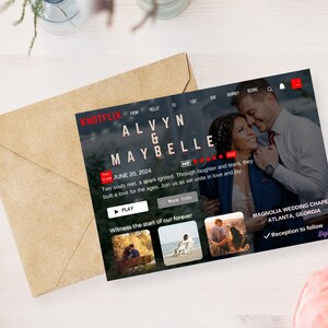 May include: A wedding invitation in the style of a Netflix movie poster. The poster features a couple embracing, with the text "ALVYN & MAYBELLE" in large, bold letters. The date of the wedding is June 20, 2024, and the location is Magnolia Wedding Chapel in Atlanta, Georgia.