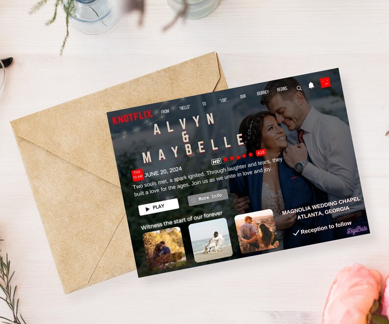 May include: A wedding invitation in the style of a Netflix movie poster. The poster features a couple embracing, with the text "ALVYN & MAYBELLE" in large, bold letters. The date of the wedding is June 20, 2024, and the location is Magnolia Wedding Chapel in Atlanta, Georgia.