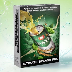 Può includere: Una scatola per un prodotto digitale chiamato "Ultimate Splash Pro" che include oltre 700 pennelli professionali ad alta risoluzione a 16 bit. La scatola ha uno sfondo verde con una lattina di birra che schizza fuori.
