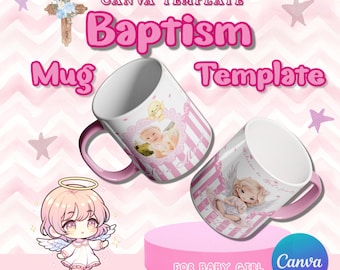 Baptism Mug Wrap Template Canva Editable | Pastel Pink Baptism Mug Template for Girls| No PRO Required | Baptism Mug Template Design Canva