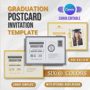 Canva Abschluss Postkarte Party Einladung Vorlage | Canva bearbeitbare Vorlage in 6 Farben | Zurück Design enthalten | Einladung für Partys