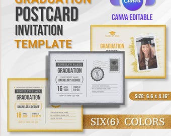 Canva Graduation Postcard Party Invitation Template | Canva Editable Template in 6 Colors | Back Design Included | Invitation for Parties