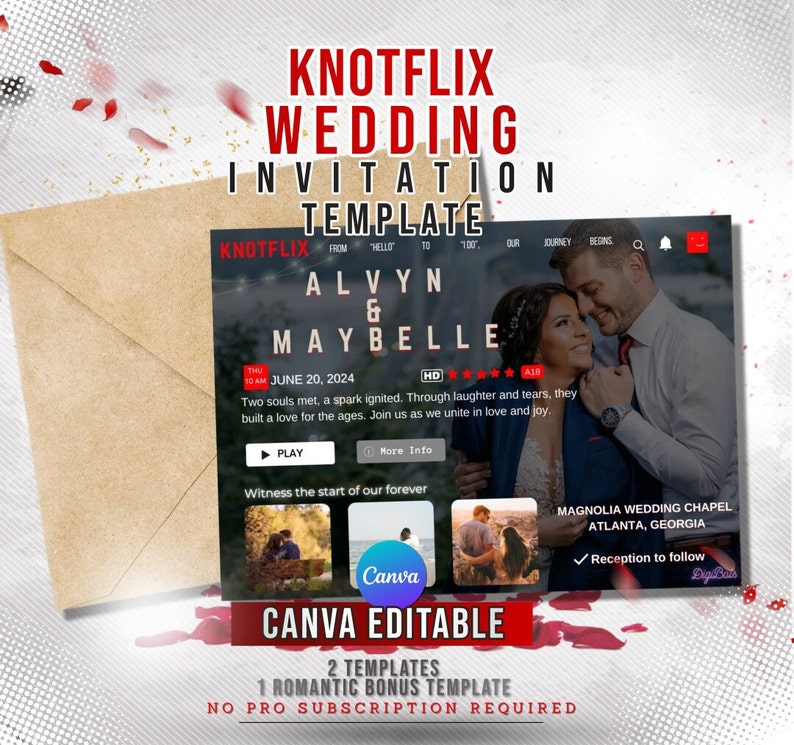 May include: A wedding invitation template with a red and gold background. The template features a Netflix-style design with a couple's names, wedding date, and location. The text "KNOTFLIX WEDDING INVITATION TEMPLATE" is at the top of the image. The text "CANVA EDITABLE" is at the bottom of the image. The text "2 TEMPLATES 1 ROMANTIC BONUS TEMPLATE NO PRO SUBSCRIPTION REQUIRED" is at the bottom of the image.