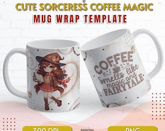Cute Sorceress Coffee Smells Magic Mug Wrap Template | Enchantress HG Inspired Mug Wrap | Hi-Res PNG 300 DPI | Resizable