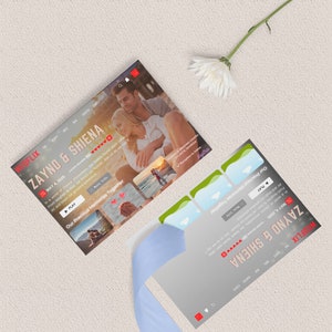 May include: A mock-up of a Netflix-style wedding invitation with a photo of a couple on a beach. The invitation reads "Zayno & Shiena" and "May 4, 2025".