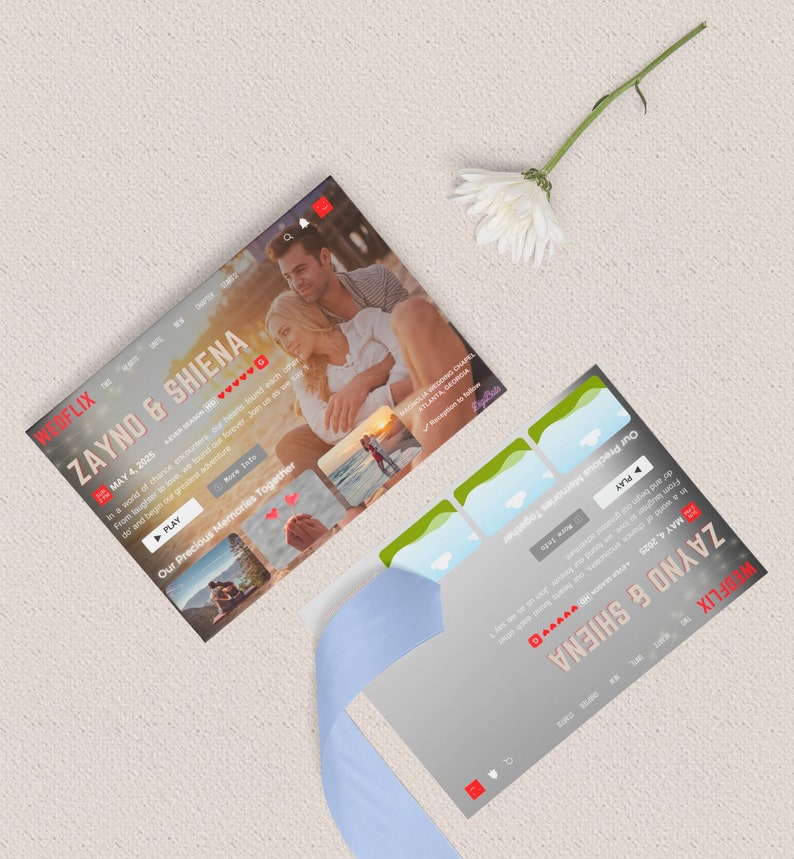 May include: A mock-up of a Netflix-style wedding invitation with a photo of a couple on a beach. The invitation reads "Zayno & Shiena" and "May 4, 2025".