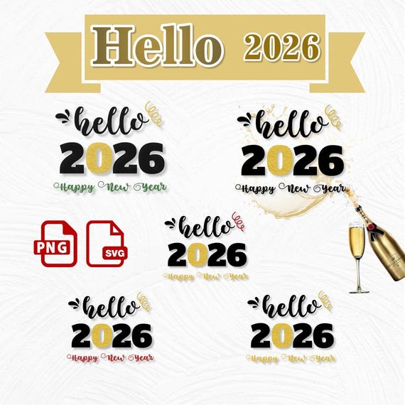 Hello 2026 New Year Typography Sublimation Clipart | 3 Modern