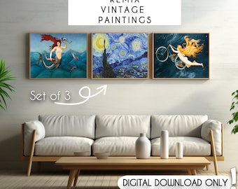 Remix Vintage Famous Paintings Wall Art Prints (Set of 3) | Digital Download | Printable | The Starry Night, Sea Nymph, Cycles Gladiator