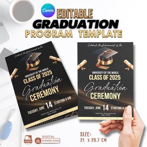 Può includere: Modello di programma di laurea nero e oro con il testo "Graduation Ceremony" e "Class of 2025". Il modello include illustrazioni di cappello di laurea e pergamene. La dimensione è di 21 x 29,7 cm.