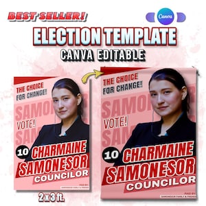 Può includere: Modello di manifesto di campagna elettorale con una donna su sfondo rosa. Il testo recita "La scelta per il cambiamento!" e "Vota!" con il nome e il titolo del candidato: "Charmaine Samonesor, Consigliera". Il manifesto misura 2x3 piedi.