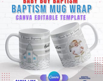 Editable Baptism Canva Mug Wrap for Baby Boy | Personalized Christening Mug Wrap for Baby Boy | No PRO Required | Baptism Mug Template Canva