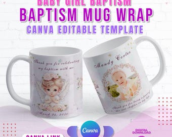 Canva Baby Girl Baptism Mug Wrap Template | Canva Editable Template with Photo Insert | Christening Mug Template Design Canva for Girls