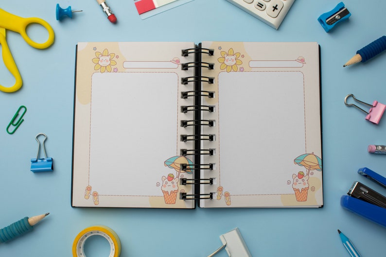 May include: A white spiral bound notebook with a colorful cartoon design on the cover. The notebook is surrounded by various school supplies, including pencils, a pencil sharpener, a stapler, and paper clips.