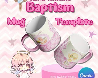 Baptism Mug Design Template - Editable in Canva | Pastel Pink Baptism Mug Template for Girls| No PRO Required | Baptism Mug Template Canva